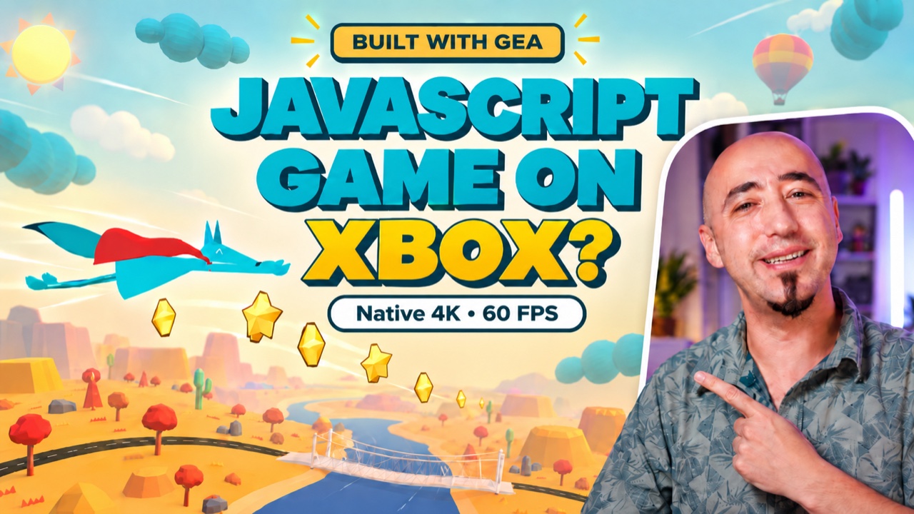 Thumbnail reading 'JavaScript Game on Xbox? Native 4K · 60 FPS, Built with GEA', showing the Coyotiv mascot flying over a low-poly desert landscape.