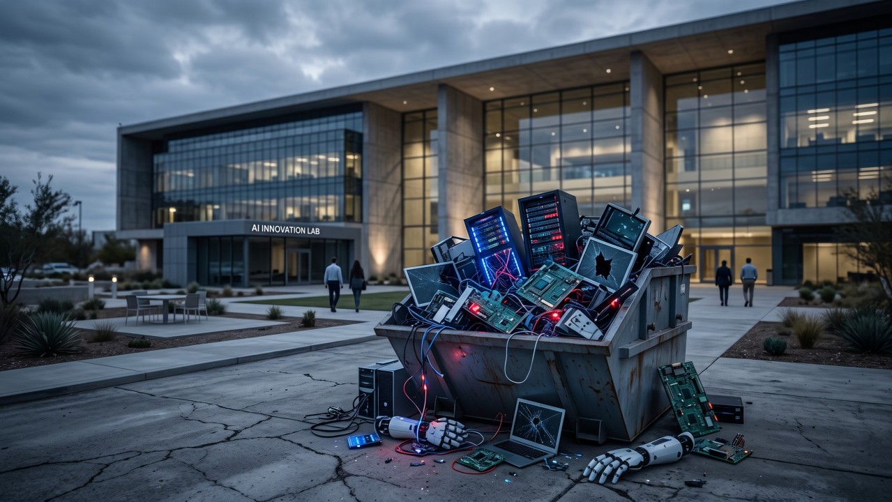A dumpster overflowing with broken servers, laptops, and robotic hardware outside a building labeled 'AI Innovation Lab', representing failed corporate AI projects.