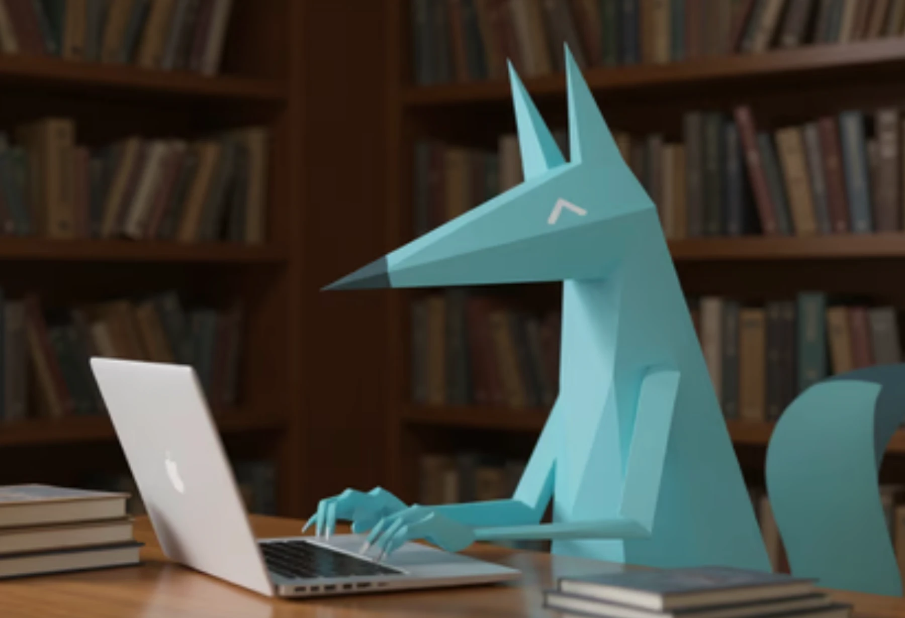 Bir kütüphanede, dizüstü bilgisayar başında oturan turkuaz renkli, kağıt katlama (low-poly) tarzında çizilmiş bir çakal figürü.