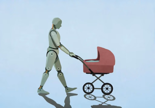 An illustrated robot pushing a baby stroller, a visual metaphor for AI-generated code that still needs careful, hands-on tending.